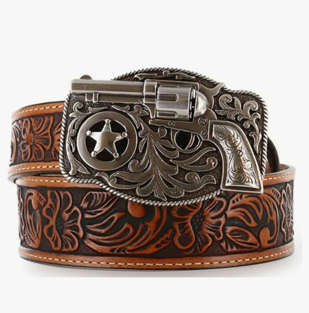 Justin Lil Trigger‎ Brown Leather Belt With Pistol Gun Belt Buckle Boys Size 23
